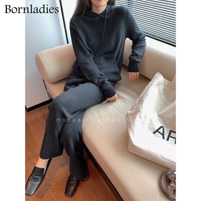 Bornladies Autumn Winter Cashmere Thicken Hooded Sweater and Harem Pants 2 Piece Set Outfits Women Knitted Two Piece Tracksuits