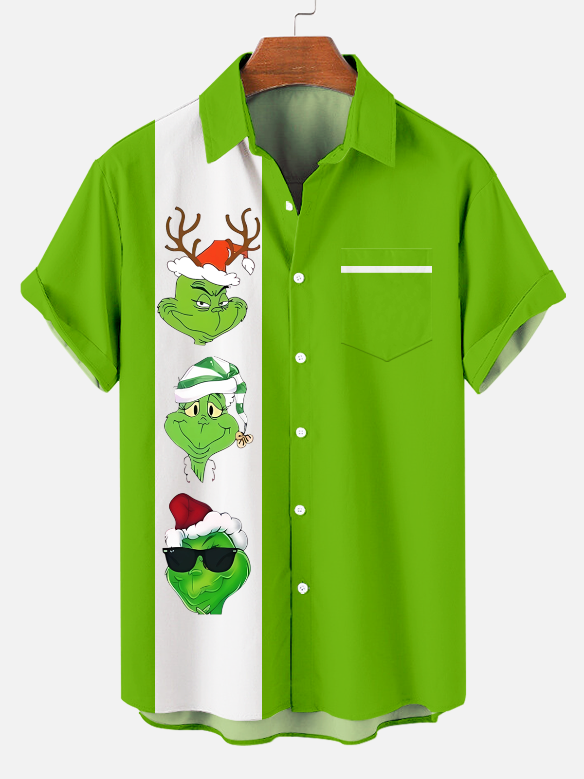 Men's Christmas Green Monster Striped Pocket Short Sleeve Shirt PLUSCLOTHESMAN