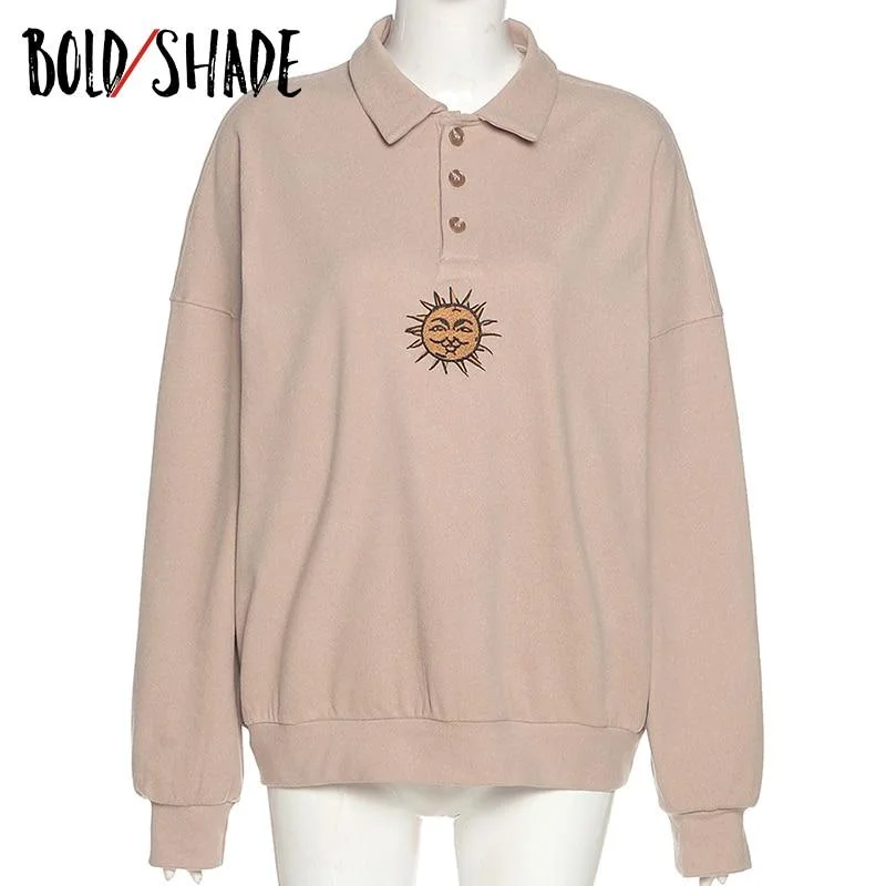 Bold Shade Vintage 90s Fashion Indie Aesthetic Sweatshirts Embroidery Turn-down Collar Women Long Sleeve Hoodies Autumn Winter