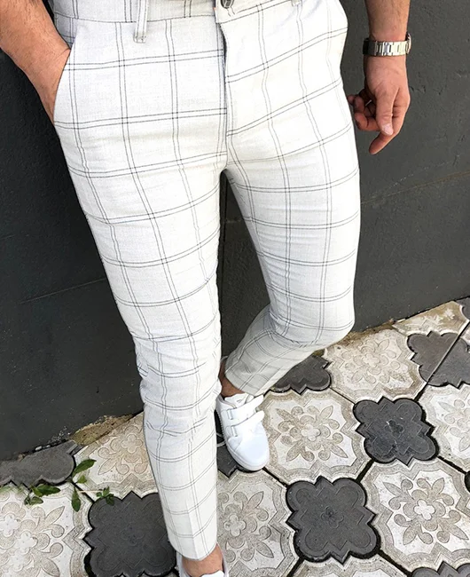 Casual Solid Color Plaid Pocket Straight Pencil Pants