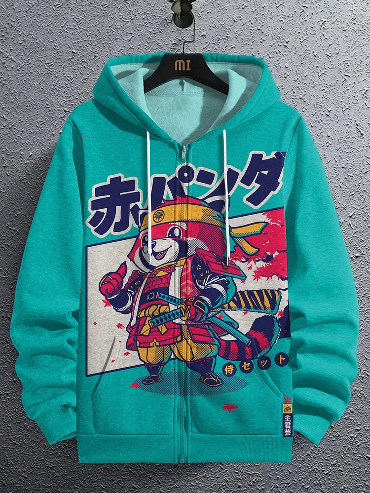 Men's Cartoon Red Panda Warrior Print Hooded Zip Up Jacket