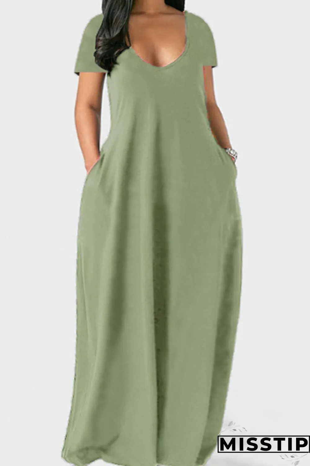 Grey Casual Solid Patchwork Pocket V Neck Short Sleeve Dress Dresses