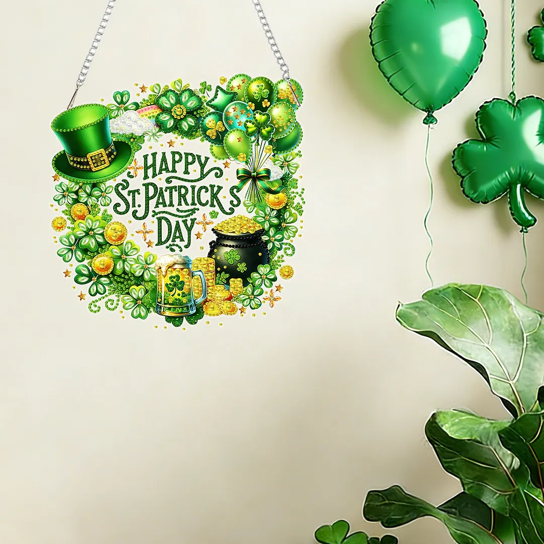 St Patricks Wreath DIY 2D Flat Acrylic Diamond Painting Kits 5D Diamond Art Painting Window Pendants for Home Garden Wall Decoration