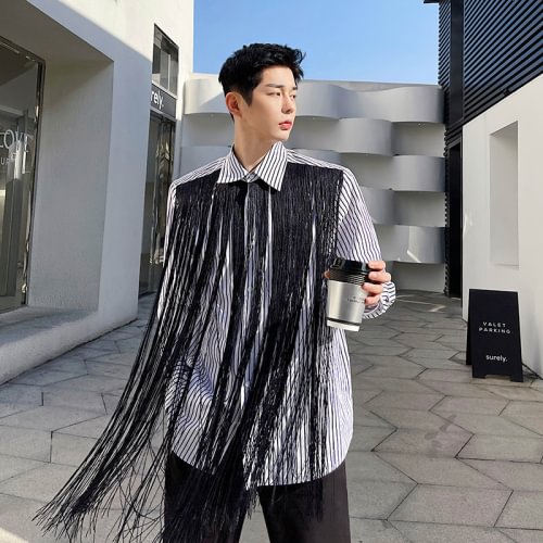 -C0226 P85 Personalized Black and White Striped Fringed Long-sleeved Shirt-Usyaboys-Mne and Women's Street Fashion Shop-Christmas