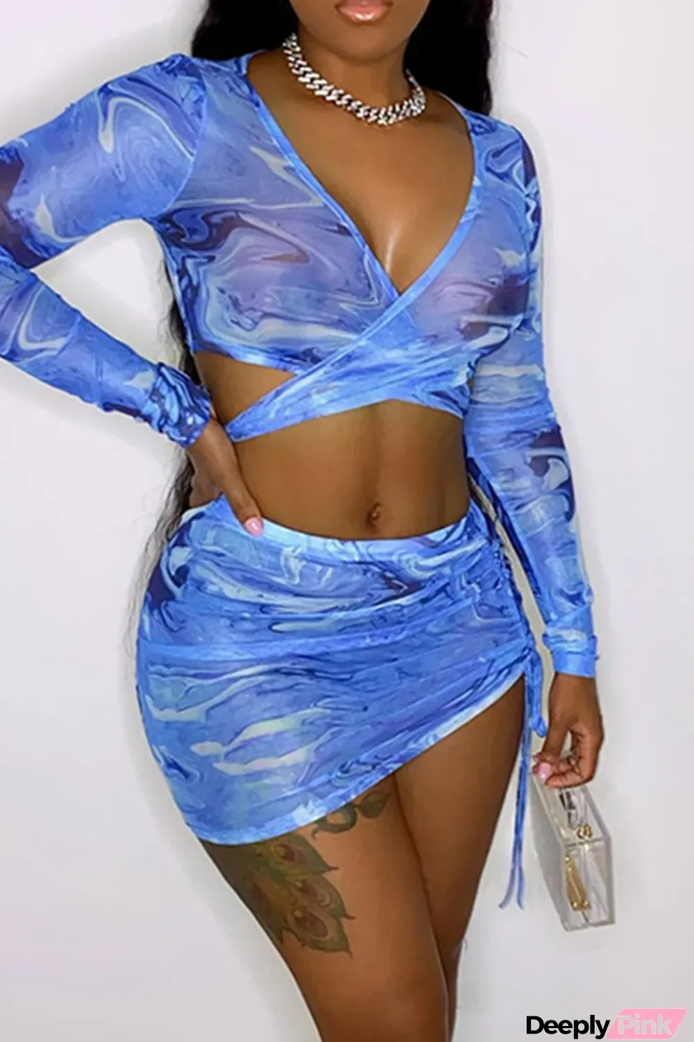 Blue Sexy Print Split Joint V Neck Long Sleeve Two Pieces