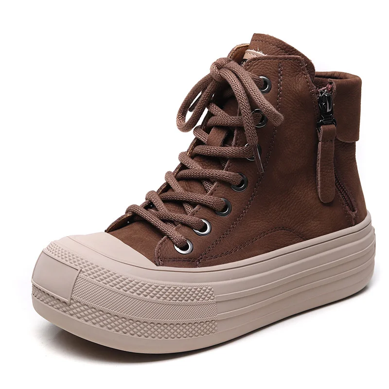 Yyvonne Cowhick Retro Short Boots Women 2025 Autumn And Winter New Thick Bottoms With High-Top Shoes Round Head With Leather Boots