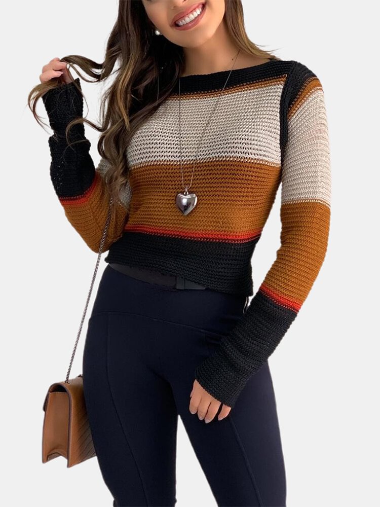 Women Contrast Color Patchwork Long Sleeve Casual Sweater - Life is Beautiful for You - SheChoic