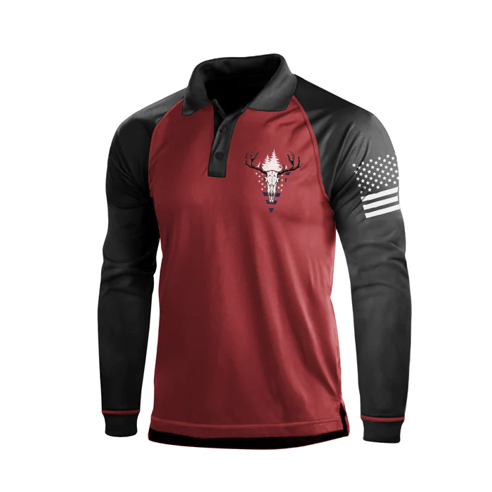 USA FLAG DEER RAGLAN GRAPHIC LONG SLEEVE POLO SHIRT