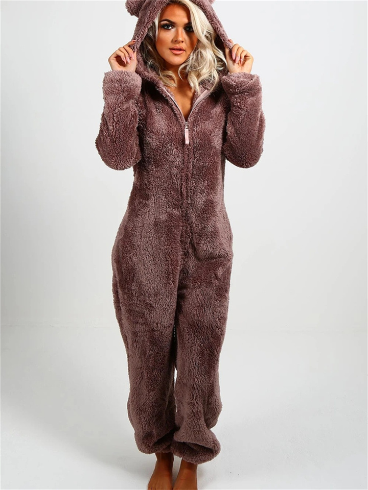 Women's Jumpsuit Solid Color Hooded Basic Home Loose Long Sleeve Rose Red 5XL Fall