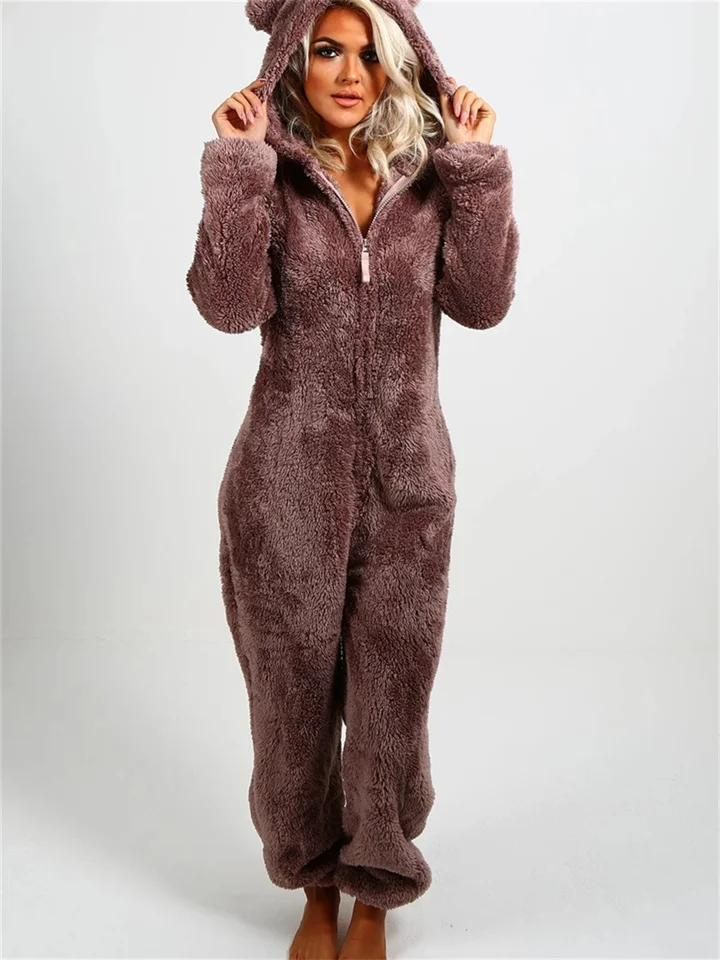 Women's Jumpsuit Solid Color Hooded Basic Home Loose Long Sleeve Rose Red 5XL Fall