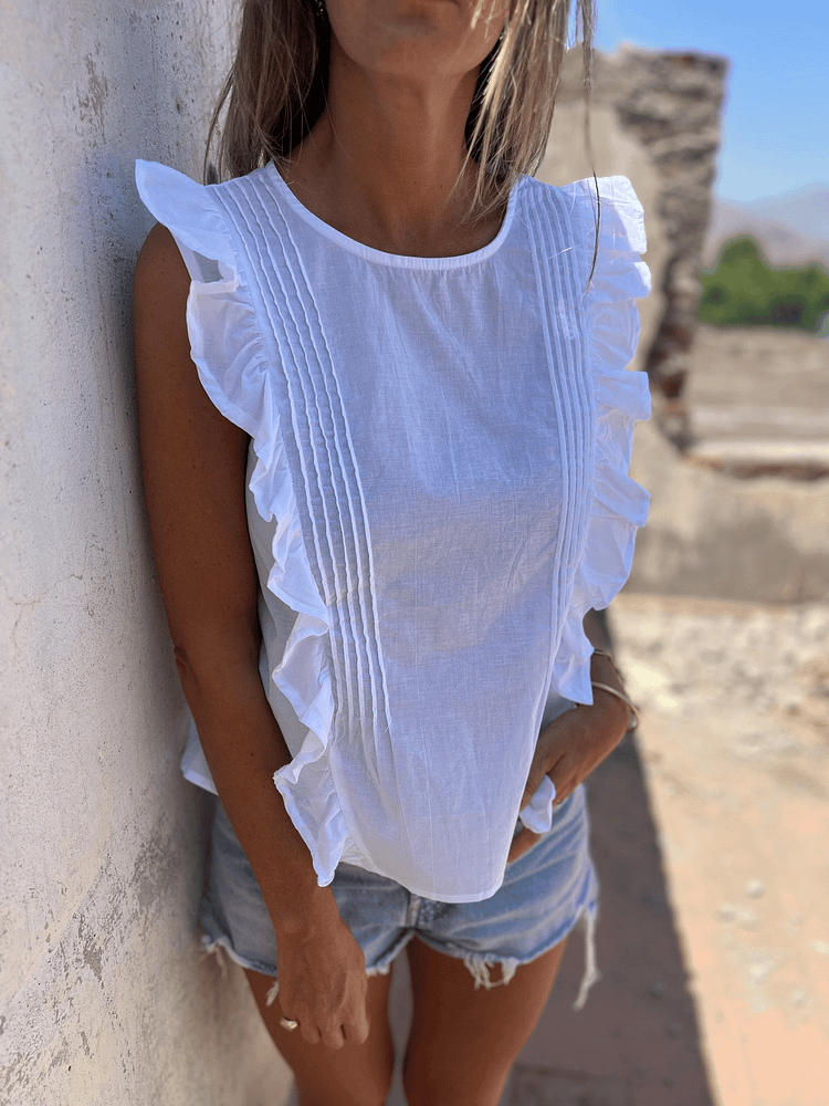 Women's Casual Solid Color Pleated Ruffles Round Neck Top