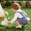 Baby Easter Outfit Denim Overall Pants Bunny Ear Romper with Pom Pom Tail Jeans Jumpsuit Cute Rabbit Ear Overalls for Toddler Boy Girl