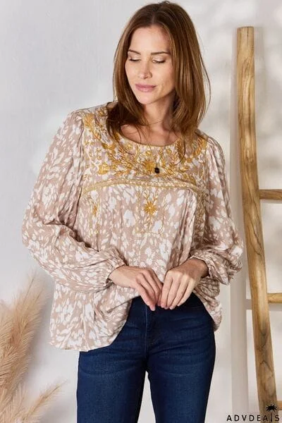 Hailey & Co Embroidered Printed Balloon Sleeve Blouse