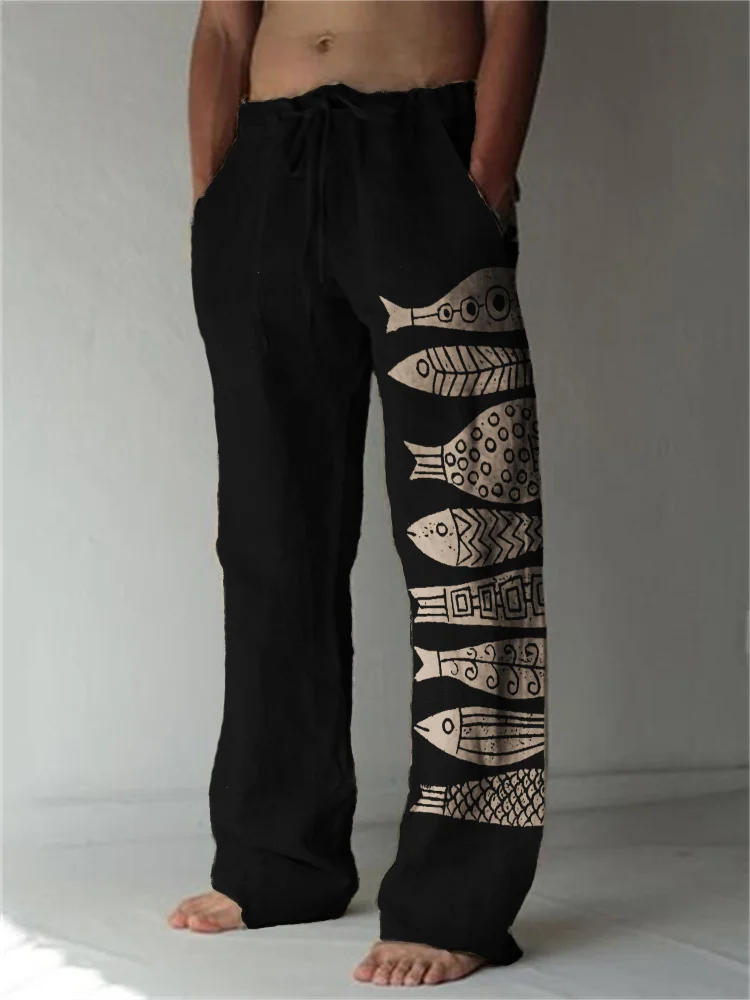 Fish Japanese Lino Art Linen Blend Casual Pants