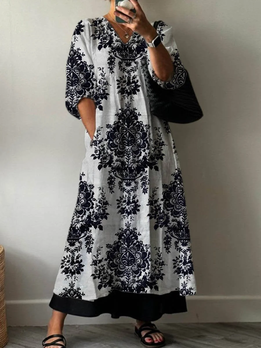 Women's Vintage Lovely Floral Art Print Pocket V-neck Cotton Dress