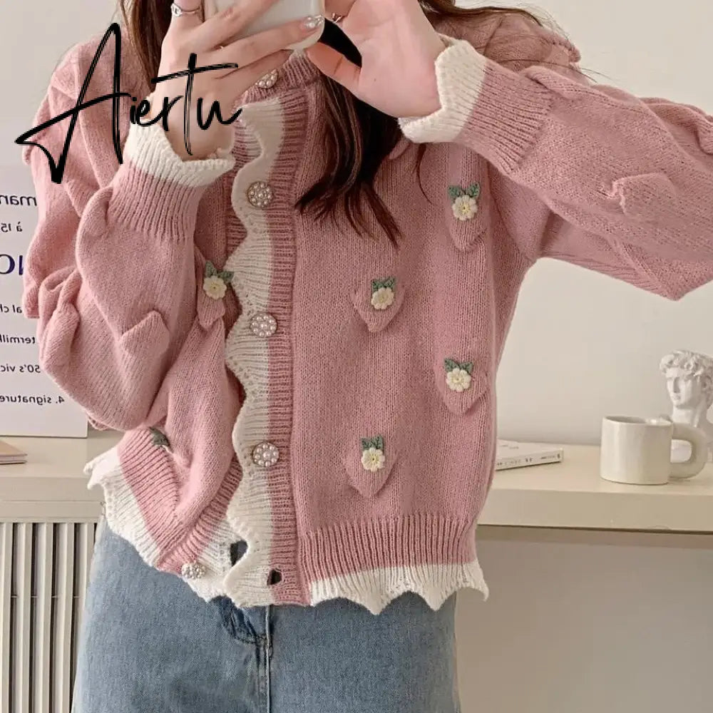 Chic Korean Fashion Flower Pattern Red Christmas Cardigan Sweaters Autumn Winter Long Sleeve Y2K Aesthetic Knitted Tops Christmas New Year Aiertu