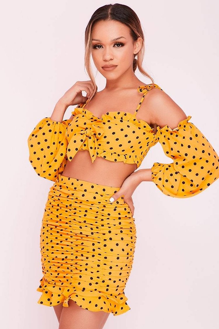 Yellow Polka Dot Cold Shoulder Crop Top Katch Me