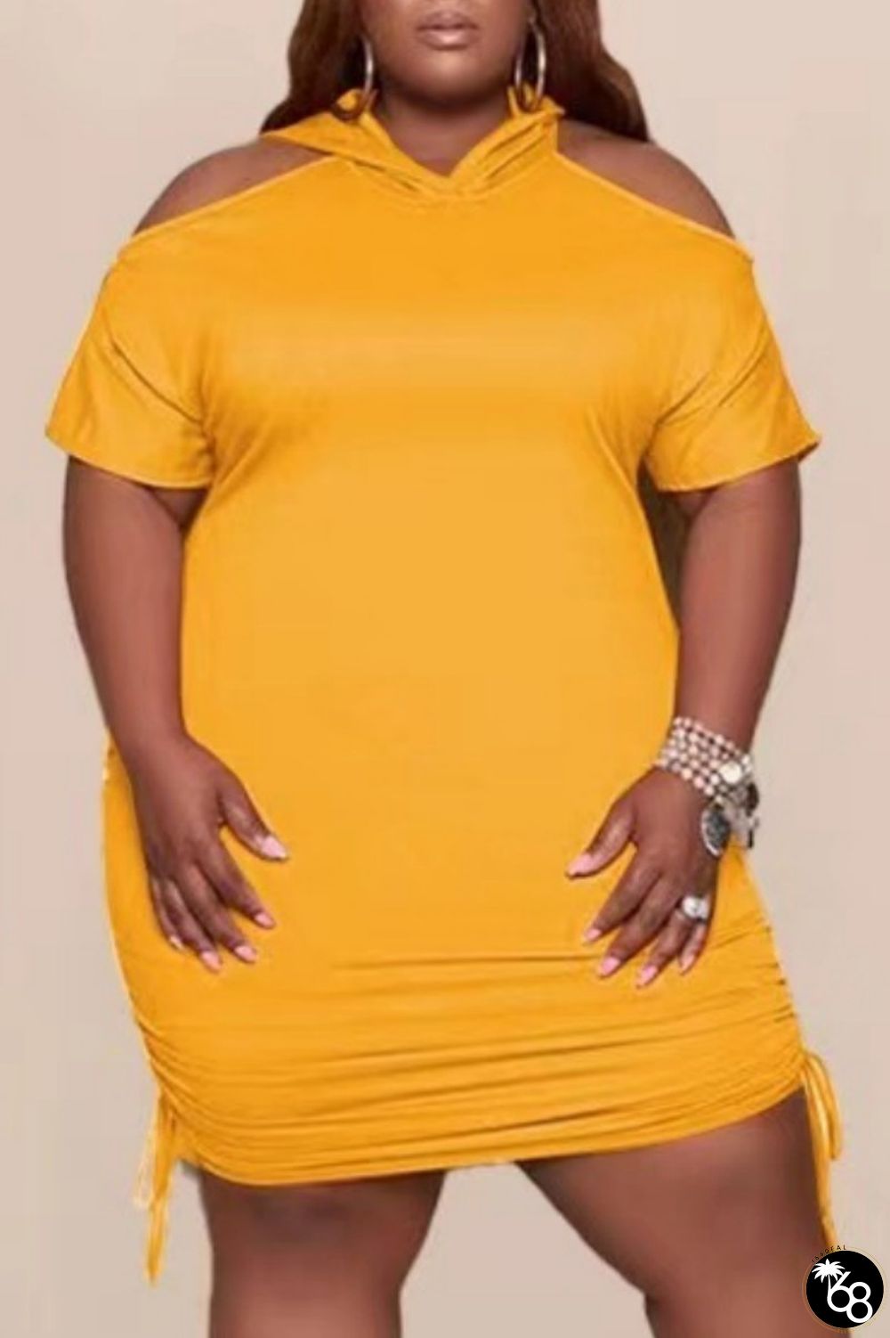 Yellow Casual Solid Hollowed Out Hooded Collar Short Sleeve Dress Plus Size Dresses | 168DEAL