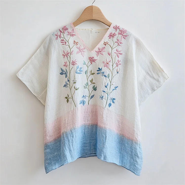 Simpfit Nachahmung aus Baumwolle und Leinenhemd mit V-Ausschnitt und BlumenDrucken im Boho-Stil
