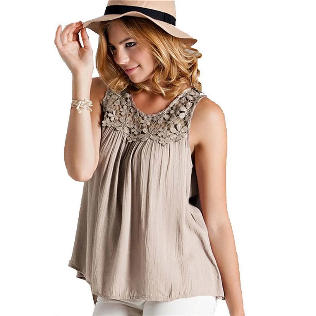 Once women sweet lace sleeveless Round neck transparent blouse hollow out short stylish shirts blusas