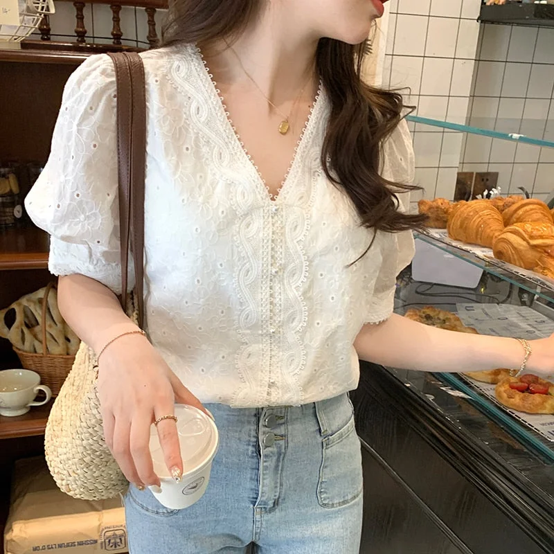 Huiketi Loose White Lace Women Blouses and Tops Summer 2023 V-neck Hollow Embroidery Shirt Woman Elegant Puff Sleeve Blouse 25372