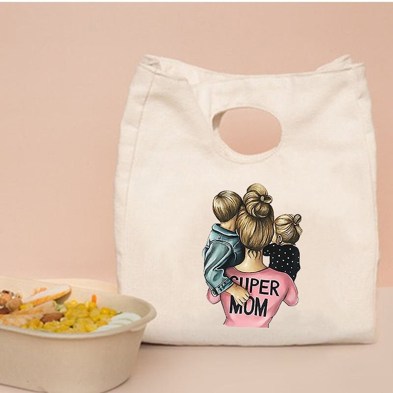 Super Mom Cartoon Print Lunch Bags Cooler Totes Portable Insulated Box Canvas Thermal Cold Food Container Picnic for Women Kids