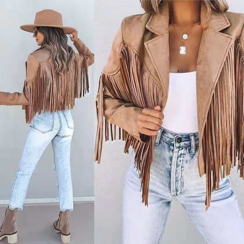 Women's Autumn New Style Slim Top Long Sleeve Printed Fringed Jacket