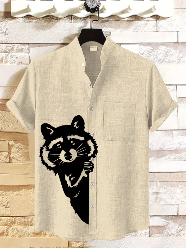 Men's Peekaboo Raccoon Print Linen Blend Shirt