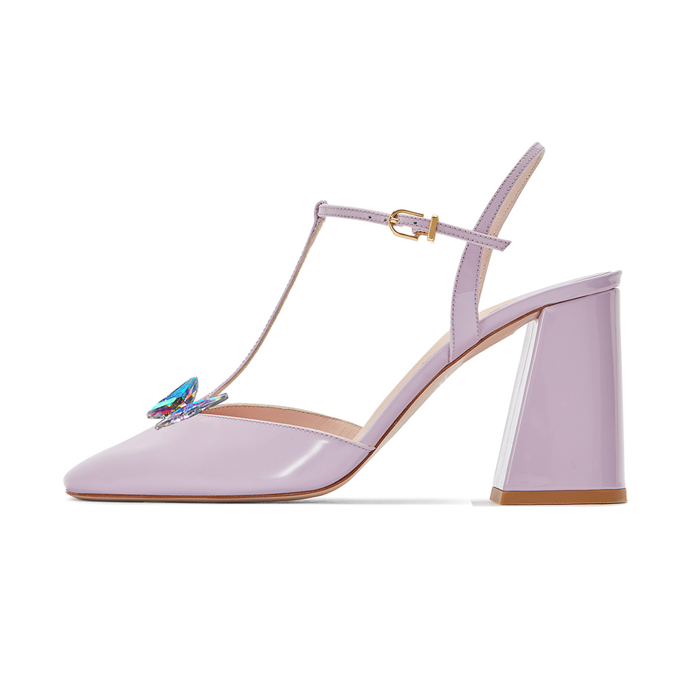 Lilac Patent Leather Square Toe T-Strap Chunky Heels with Butterfly Nicepairs