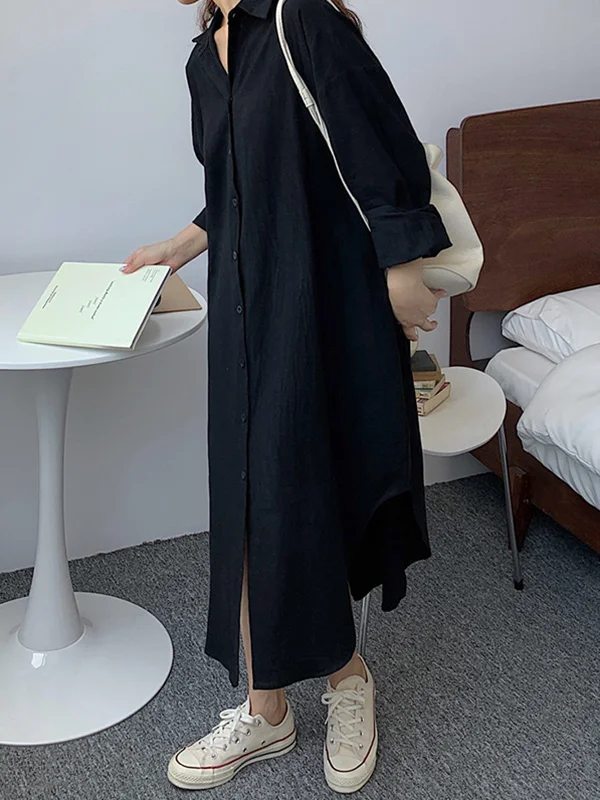 Minimalist Roomy Casual Pure Color Buttoned Split-Side Lapel Collar Long Sleeves Midi Shirt Dress