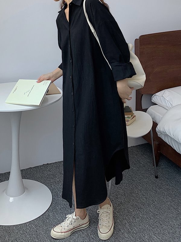 Simple Loose Casual Solid Color Buttoned Split-Side Lapel Collar Long Sleeves Midi Shirt Dress