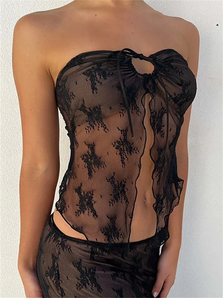 Toloer Lace Sheer Tube Tie Up Slit Top-Outfit Ideas