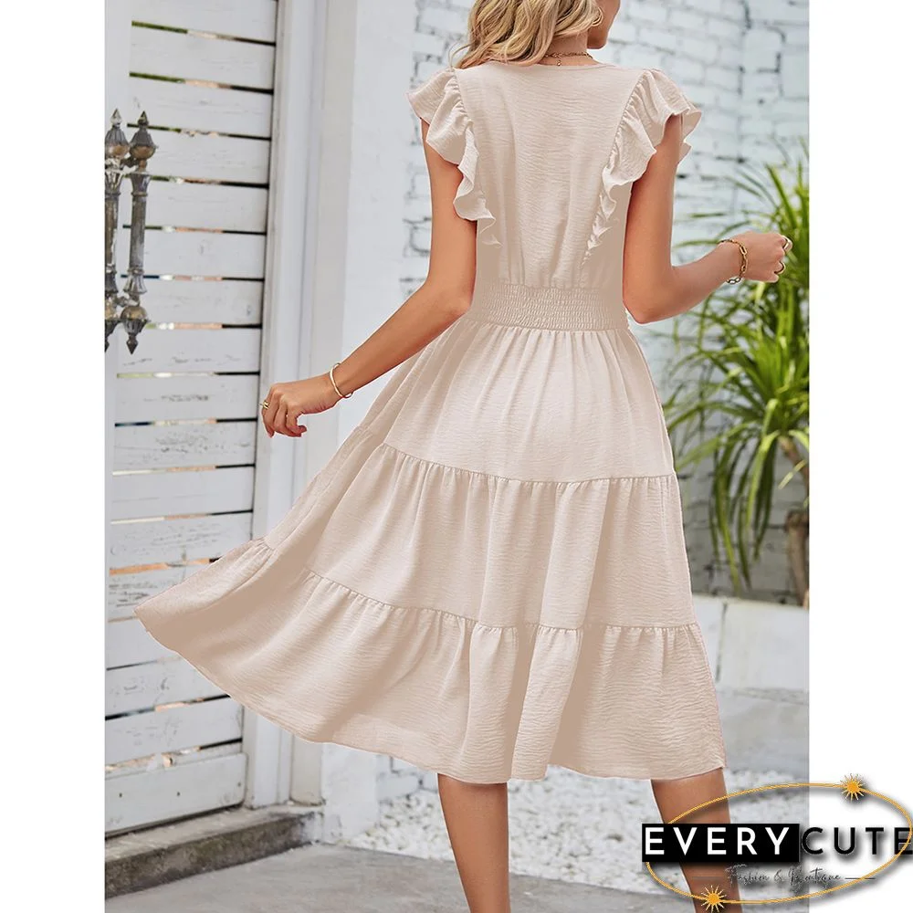 White Smocked Waist Ruffled Sleeveless Casual Dress