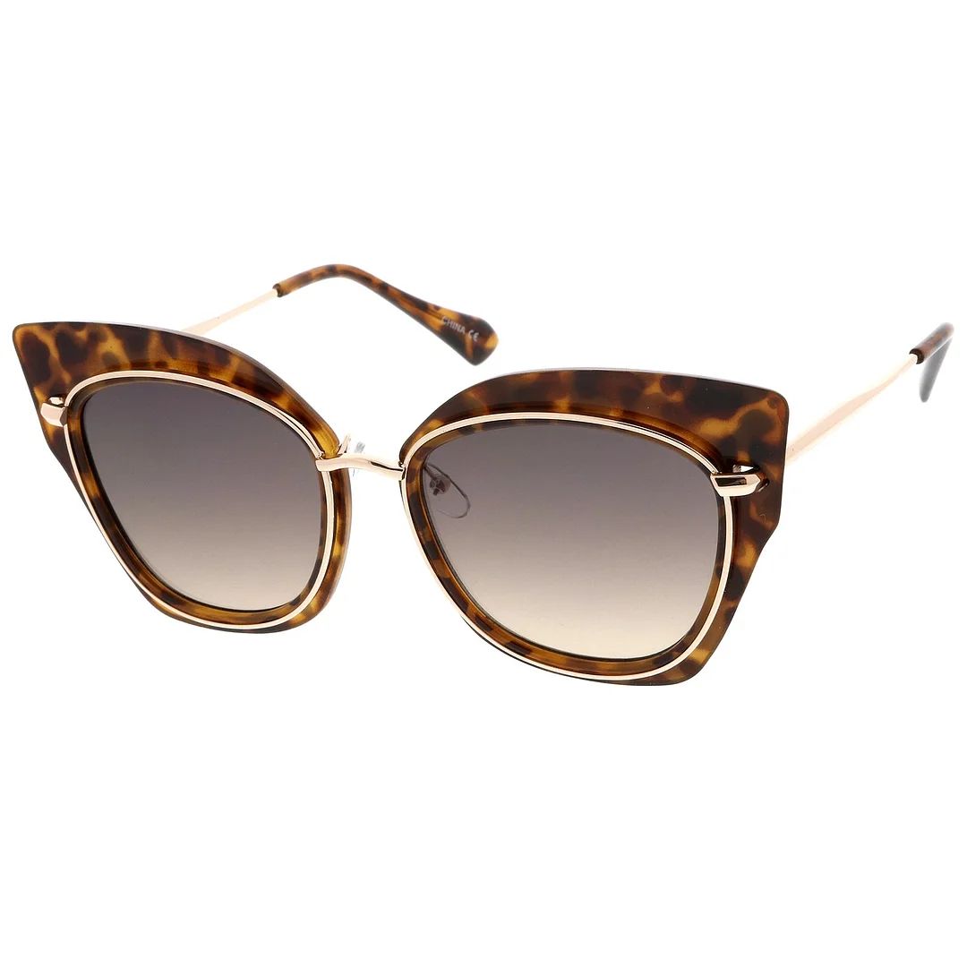 Women's Oversize Metal Trim Slim Arms Super Flat Lens Cat Eye glasses 57mm