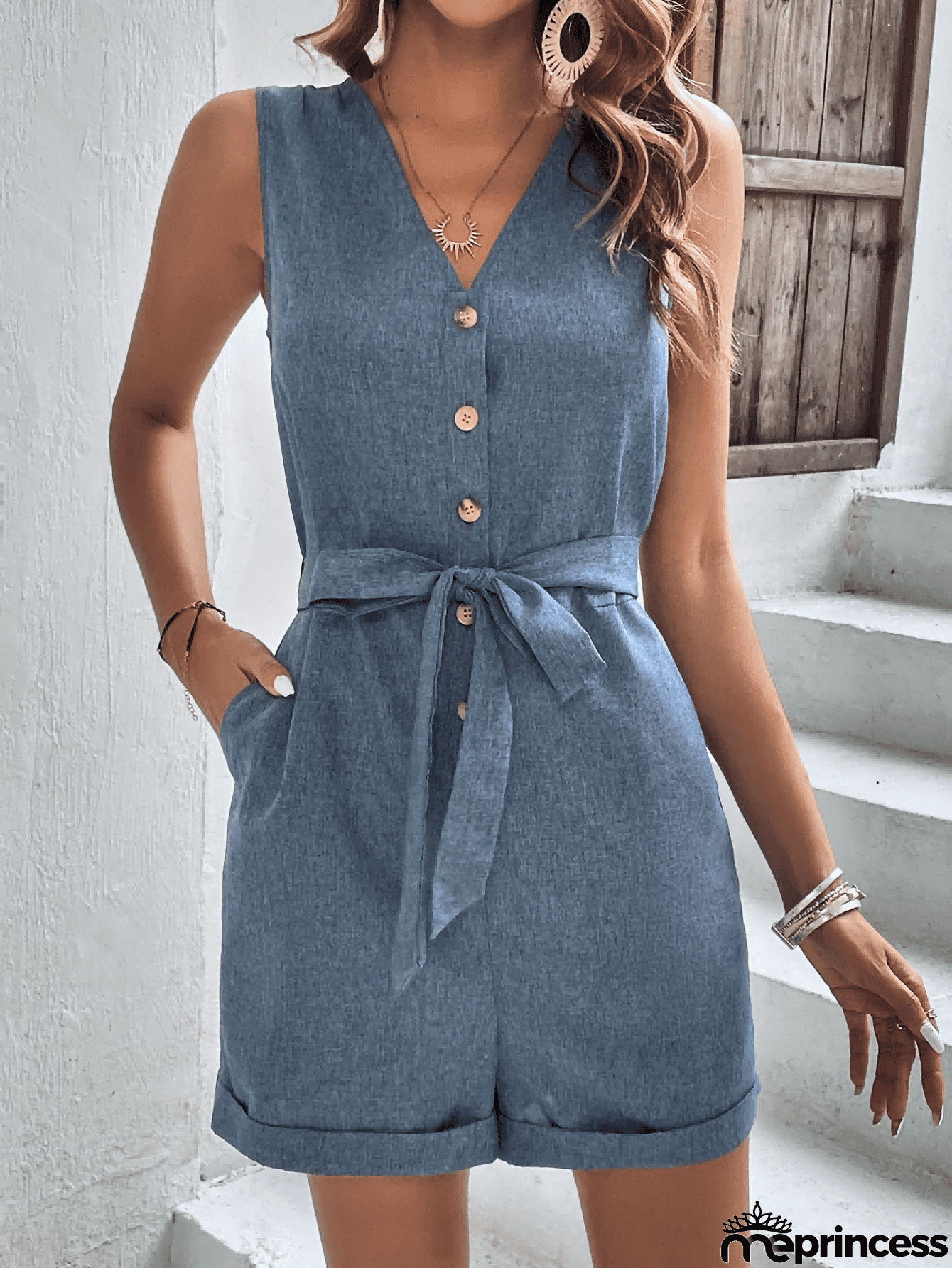 Tie-Waist Buttoned V-Neck Sleeveless Romper