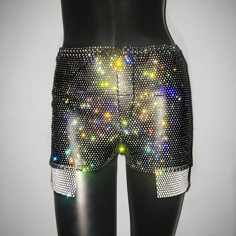 Punklens Rhinestone Shorts Women Sexy See Through Hollow Out High Waist Shorts Rave Party Club Casual Fashion Female Short