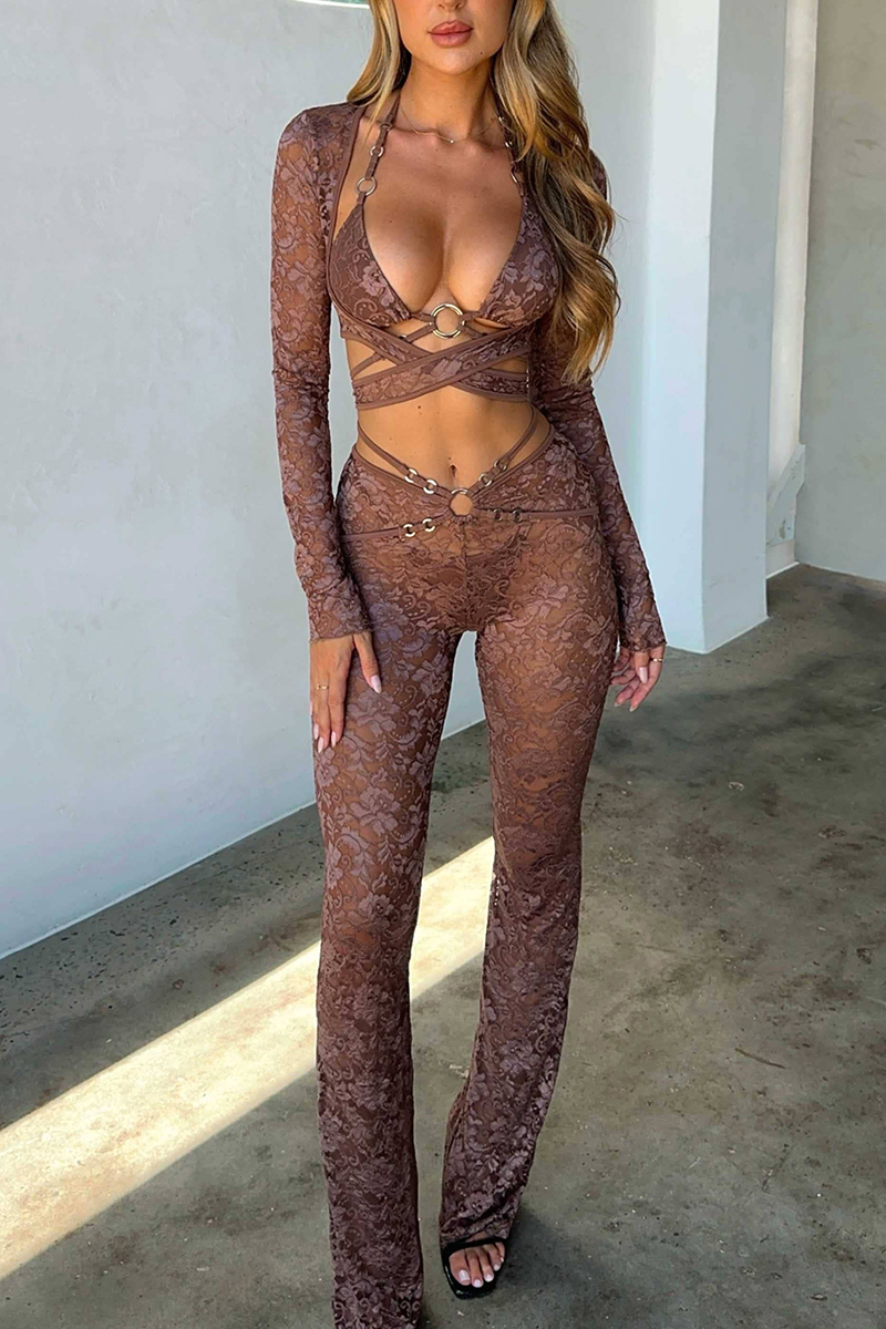 Floral Jacquard Halter Long Sleeve Cutout Crop Top See Through Pants Matching Set-Brown