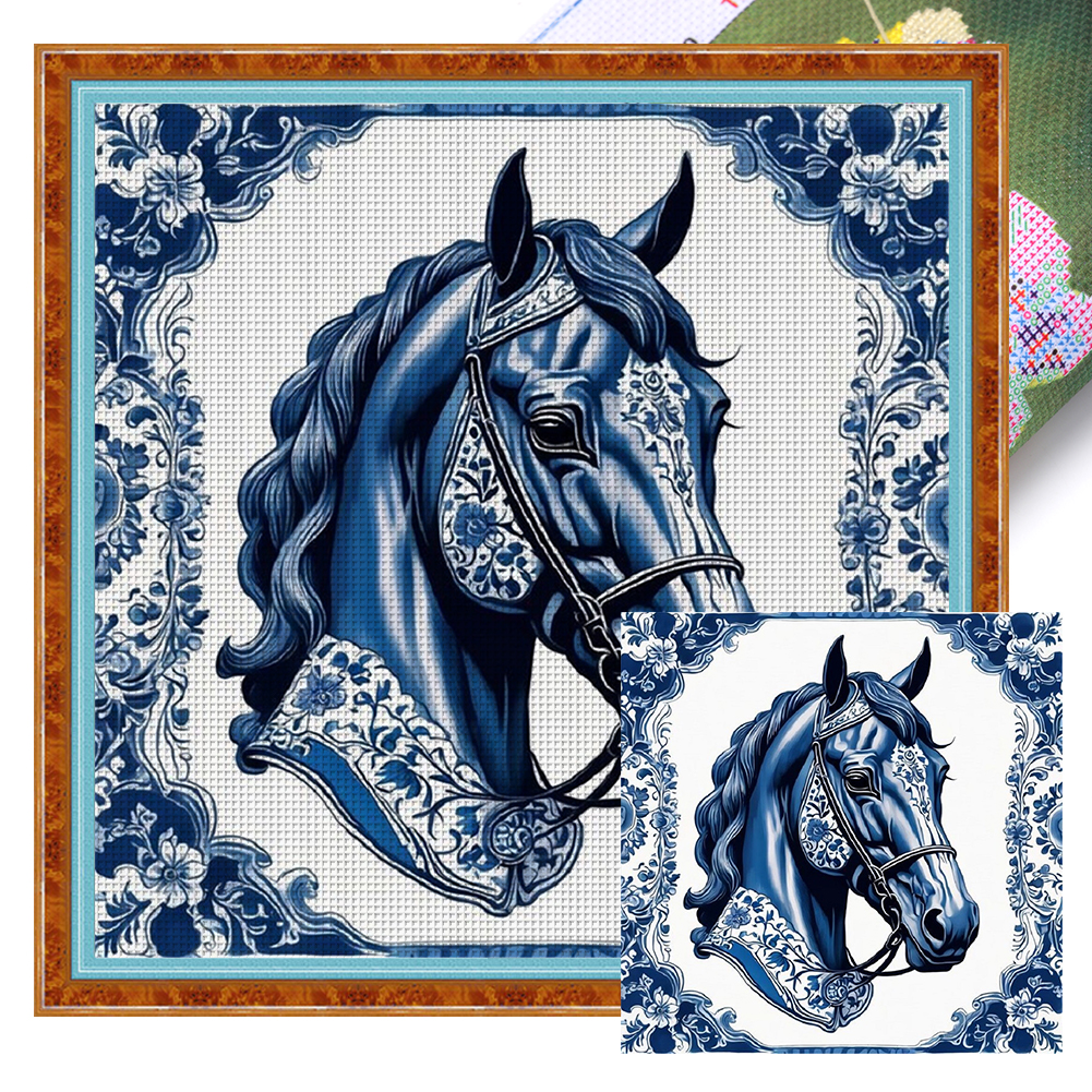 Blue And White Porcelain-Horse Full 11CT Pre-stamped Canvas(40*40cm) Cross Stitch