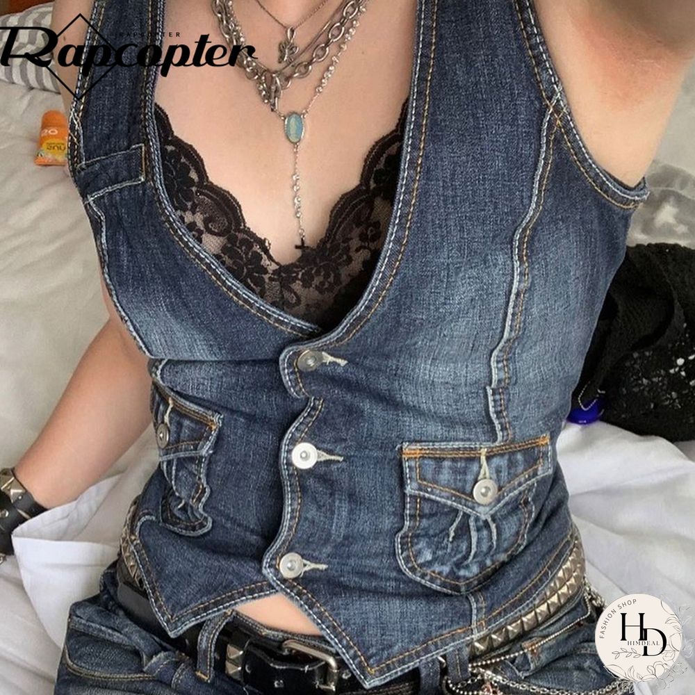 Y2K Pockets Jeans Corset Top Button V Neck Cargo Retro Sweats Tank Tops Women Streetwear Aesthetic Vest Summer 90S Tee