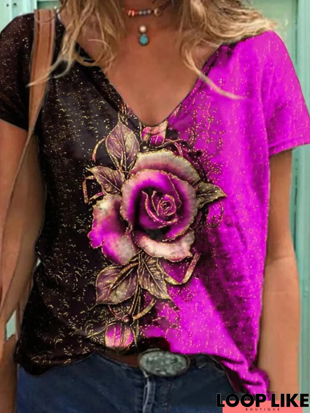 Women's T Shirt Flower Round Neck Tops Basic Top Purple Red Orange