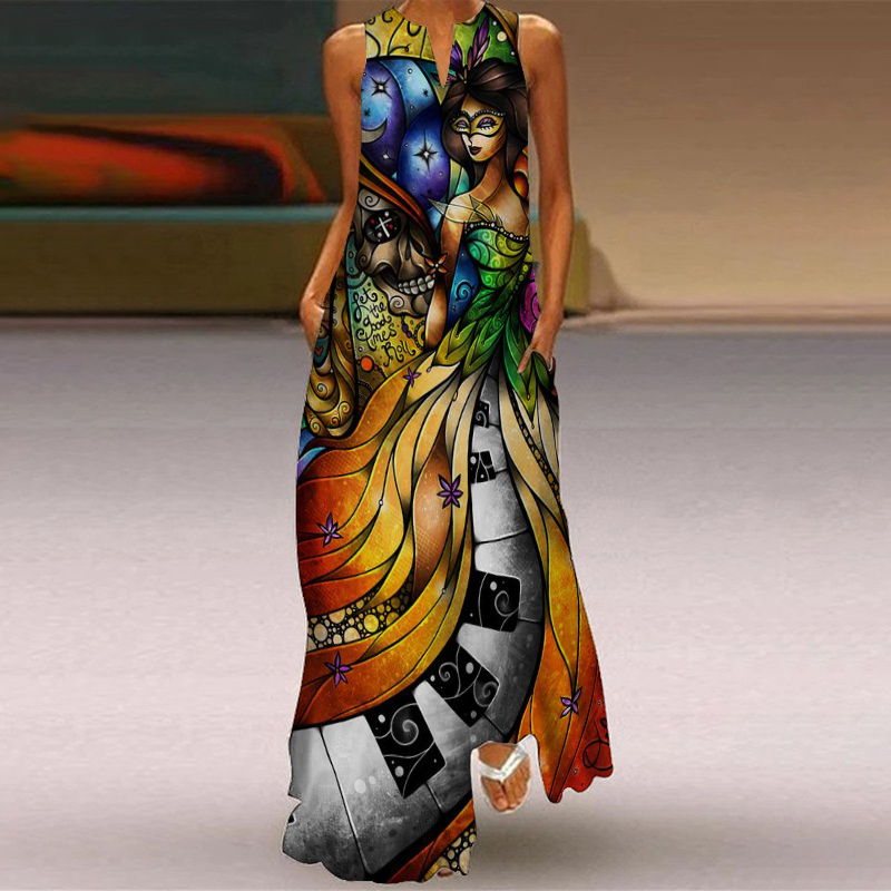 Hippie Abstract Print V-Neck Maxi Dress wearshes