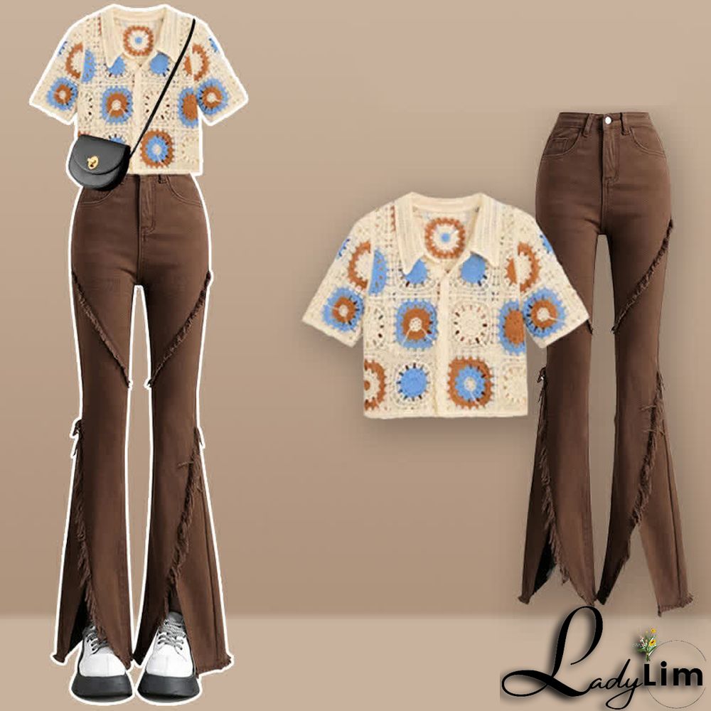 Crochet Hollow T-Shirt Fringed Split Denim Pants Two Pieces Set