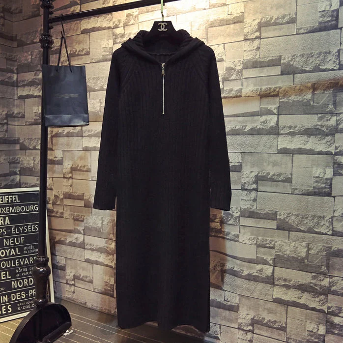 Autumn and winter fashion temperament new hooded long over-the-knee sweater dress women loose solid color knitted dress