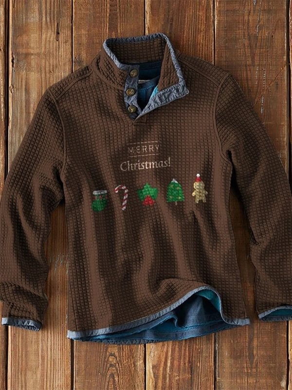Men's Waffle Collar Printed Long Sleeve T-Shirt