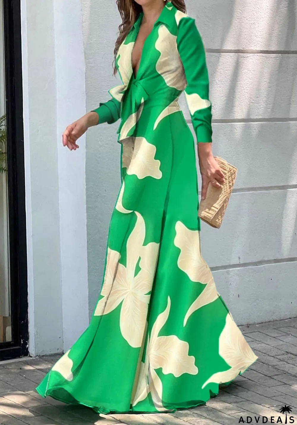 Women's Fall Fashion V-Neck Long Sleeve Turndown Collar Loose Wide Leg Jumpsuit