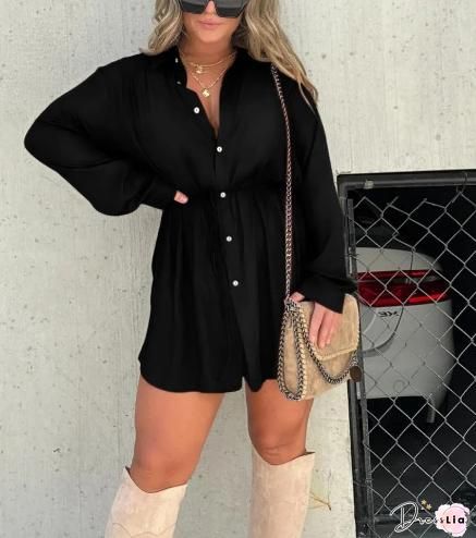 Solid Short Sleeve Lace Up Shirt and Shorts Matching Suit