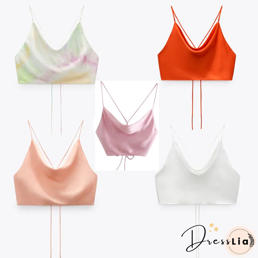 Summer White Satin Top Woman Pink Crop Top Sexy Backless Tank Tops Women Camisole Beachwear Tie Dye Strap Tops