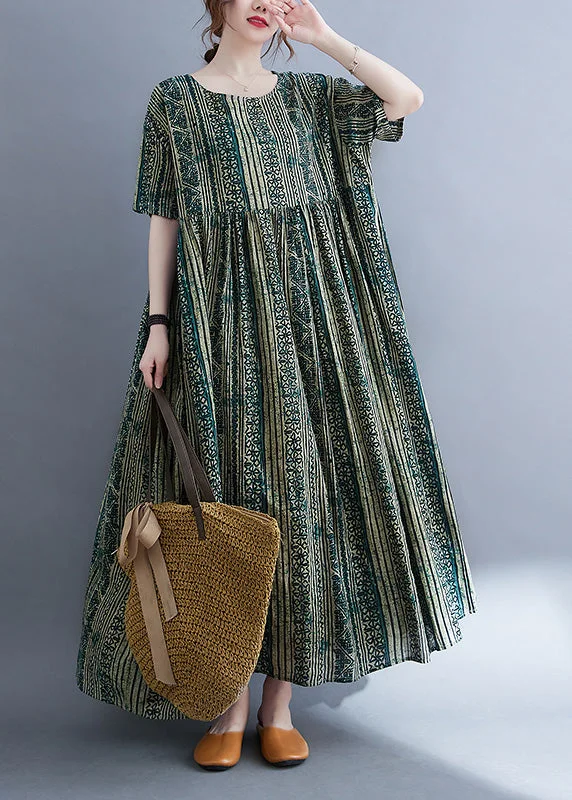 Vintage Green O-Neck Print Patchwork Maxi Dress Summer