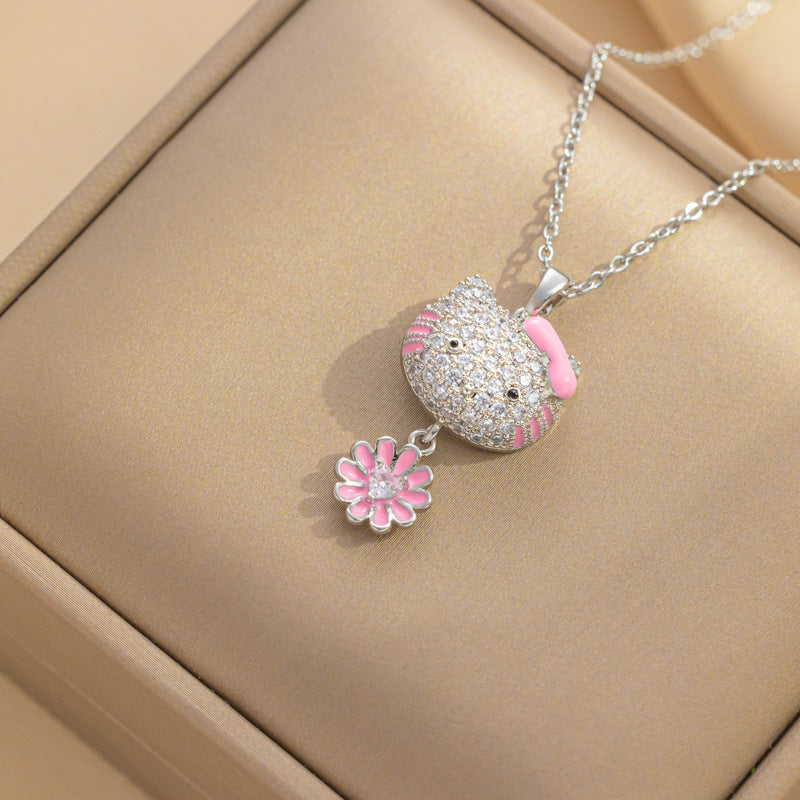 Design Kt Cat Pendant Necklace Micro Inlaid Zircon Copper Plated 18 Gold All-Match Clavicle Chain