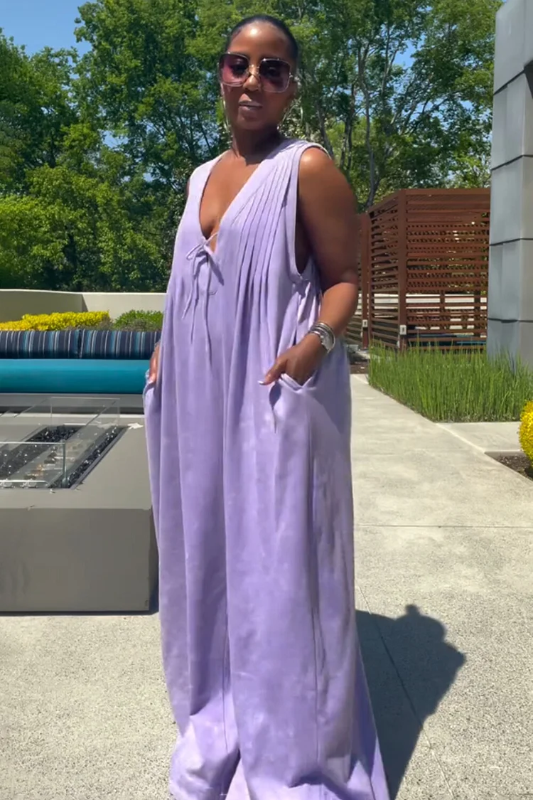 V Neck Sleeveless Pocket Baggy Oversize Wide Leg Jumpsuit-White [Pre Order]